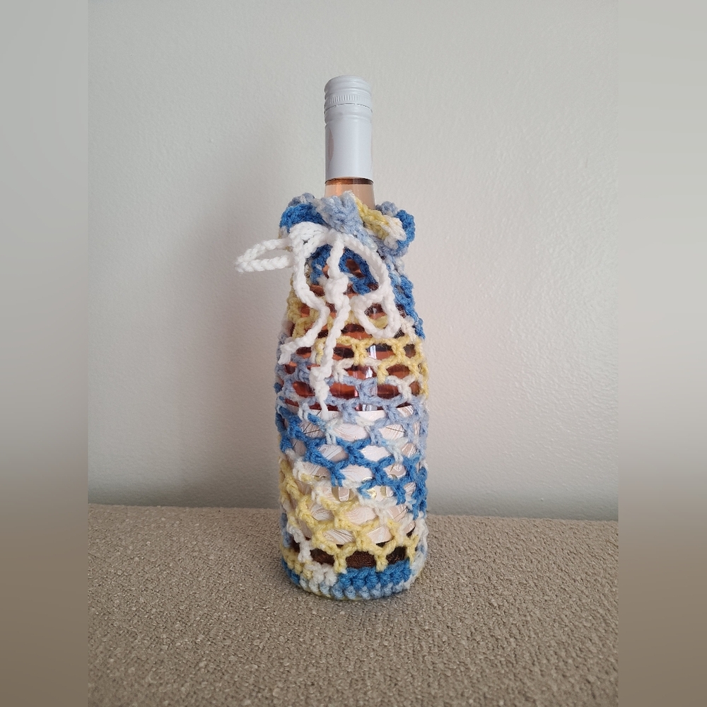 Handcrafted Blue Yellow White Crochet Wine Bottle Cover